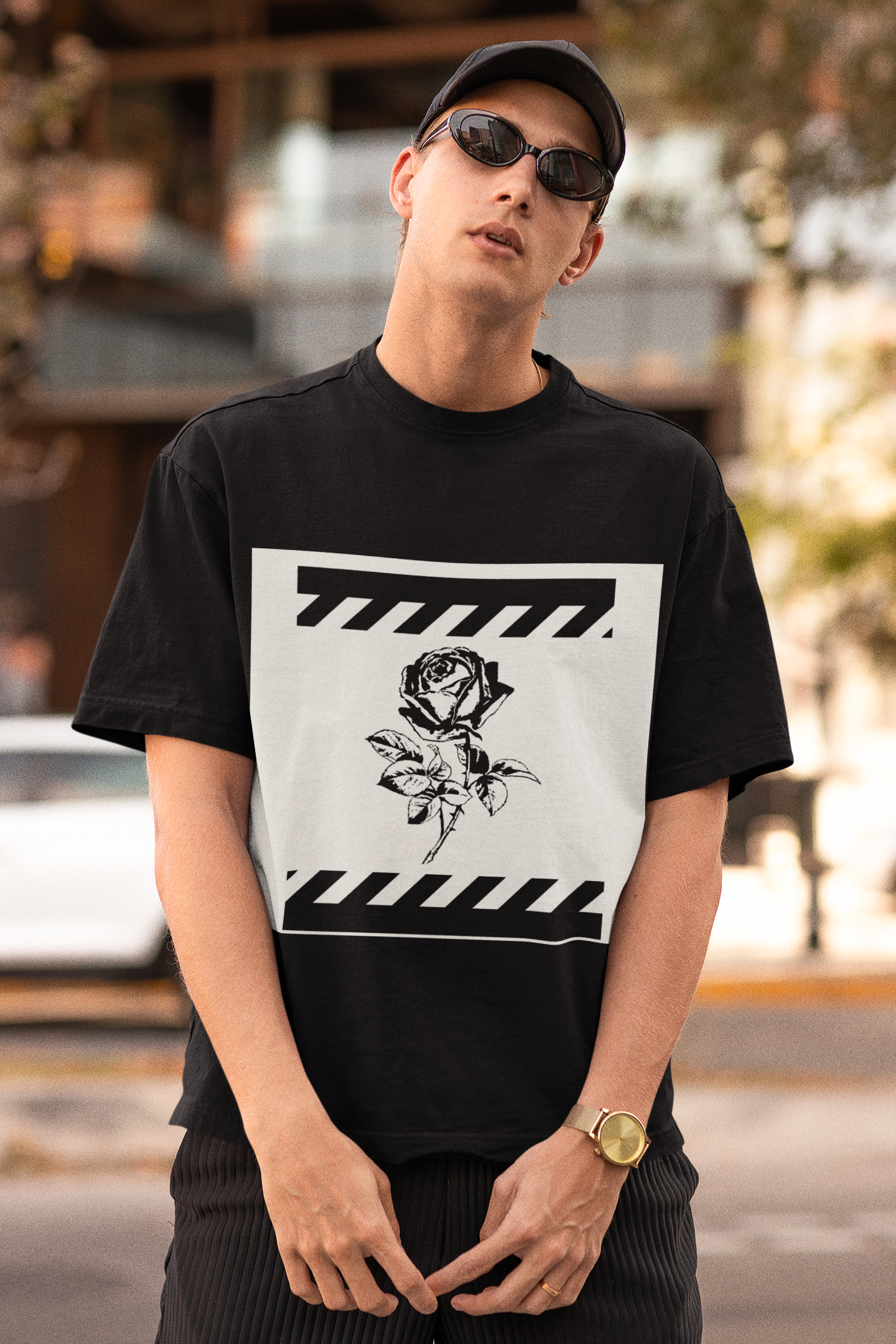 Barred Rose Short Sleeve Tee- Black